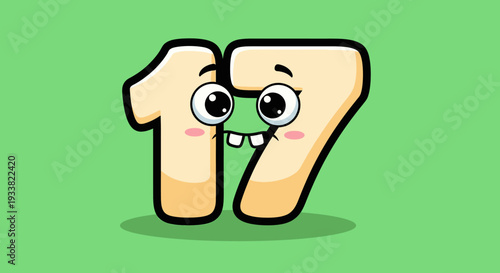 Cartoon numbers 1 and 7 with faces and expressions on a green background illustration view