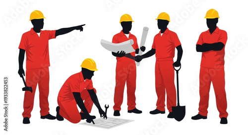 Construction Workers in Red Uniforms.