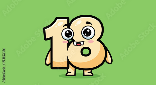 Cartoon character number eighteen mascot smiling and standing on green background illustration view