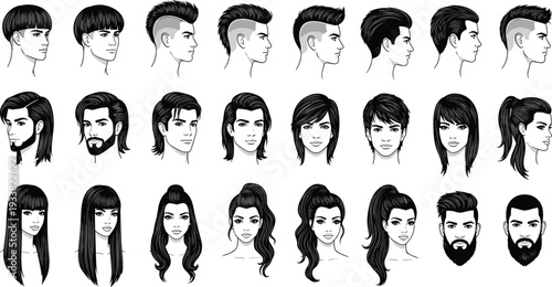Men and women hairstyle collection, male female haircuts set, fashion barber salon styles, character head sketches vector illustration