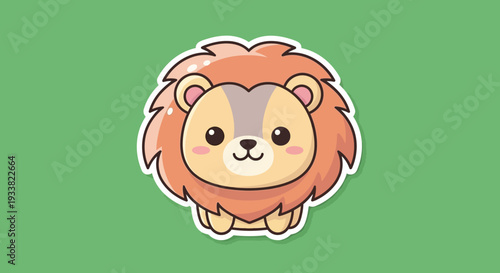 Adorable cartoon lion illustration on a green background from a front viewpoint displaying cute emotions