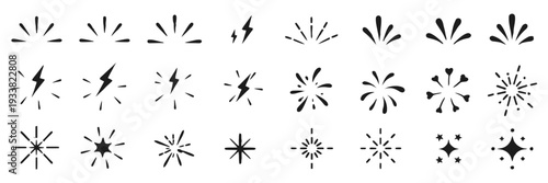Doodle explosion vector set, featuring comic burst, radial line rays, hand-drawn shine, exclamation symbols, and retro cartoon outline frames for manga and graphic design.