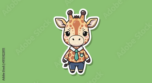 A cartoon giraffe wearing a Hawaiian shirt and jeans standing on a plain green background viewed from the front