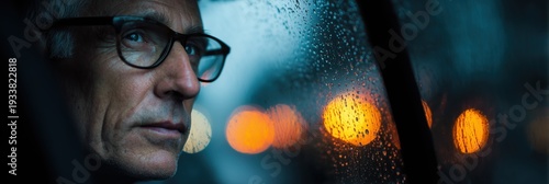 Serious Businessman in Car During Rain with Dark Corporate Copy Space