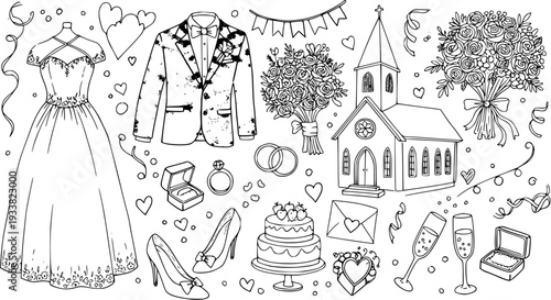 Wedding Celebration Line Art: Dress, Suit, Church, Cake  More