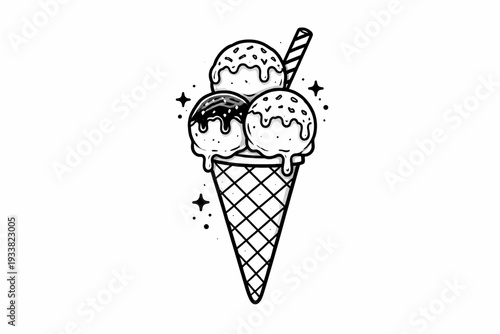 Illustration of a triple scoop ice cream cone with sprinkles and a candy stick, viewed from the front.