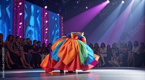 Vibrant fashion model on runway with colorful dress at fashion show