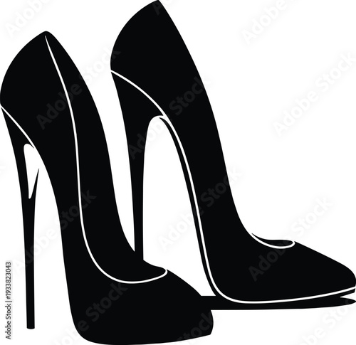 "Minimalist black and white silhouette illustration of elegant stiletto high heel shoes with pointed toes, stylish fashion footwear design symbolizing femininity, elegance, and modern style concepts"