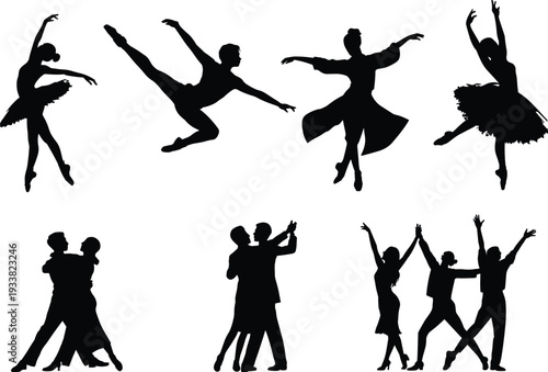 Dance silhouettes collection, ballet and ballroom dancers black vector illustration isolated on white background for design