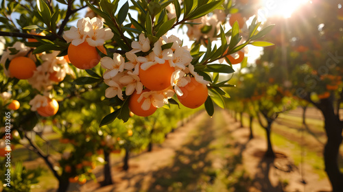 Glowing orange blossoms on a tree touched by sunlight in a sprawling orange grove