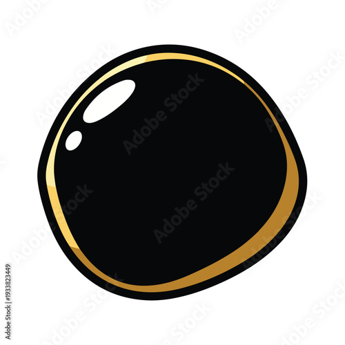 A black sphere with a golden rim and reflective surface is viewed from the front in a close-up illustration
