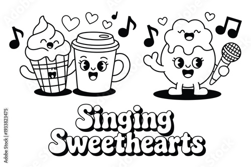 A colorful illustration of singing sweethearts with ice cream and coffee