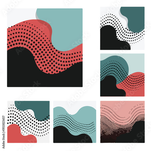 A collection of abstract graphic designs featuring wavy patterns, dots, and bold colors from a straightforward viewpoint