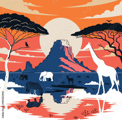 African safari sunset landscape with giraffe, elephant, and zebra silhouettes.