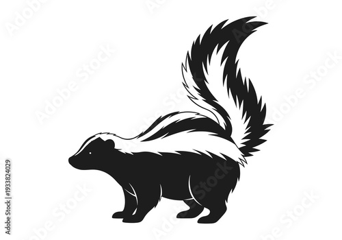 A black and white illustration of a skunk It has white stripes on its back and a large fluffy tail