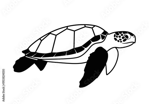 A black and white illustration of a turtle shown from the side The turtle has a patterned shell and flippers
