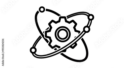 Abstract technology icon featuring a gear surrounded by orbital rings and nodes.