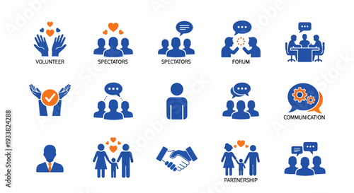 Group of blue human icons illustrating teamwork, collaboration, and community activities.