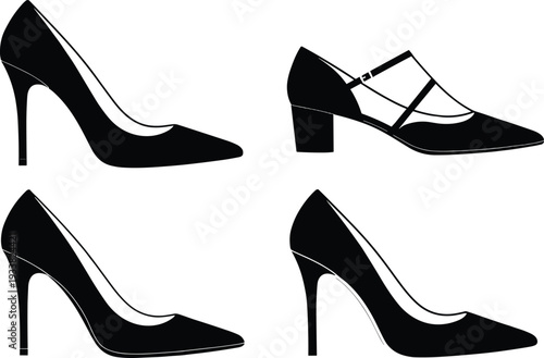 "Collection of four black silhouette illustrations of women’s high heel shoes with varied stiletto and block heel designs, stylish fashion footwear icons for design concepts"