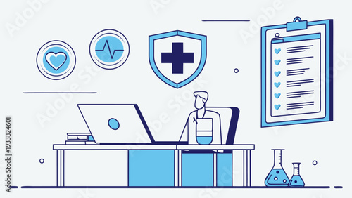 Modern medical innovation showing doctor verifying patient data through connected healthcare network.