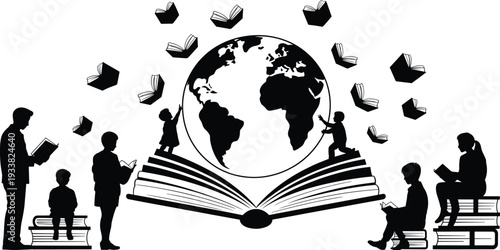 Black and white global education illustration with children and adults reading books around globe rising from open book, symbolizing literacy and learning