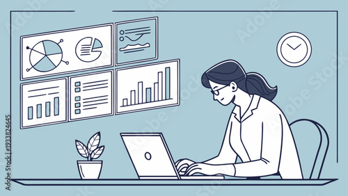 Business performance analysis showing executive studying online charts for strategic decision making.