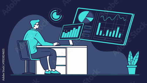 Corporate analytics concept with business professional reviewing financial and marketing reports on digital dashboard.
