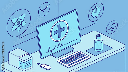 Healthcare technology concept with physician interacting with digital medical records on virtual interface.