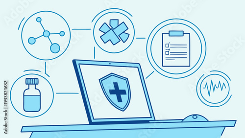 Doctor using virtual screen for medical document verification, connected healthcare network and modern digital medical innovation.