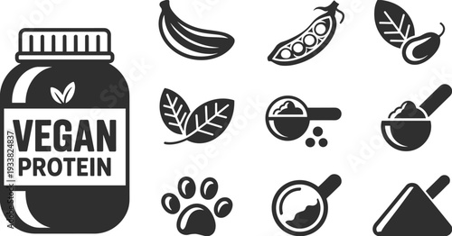 Black and white vegan protein powder icon set with plant based ingredients, beans, scoop and supplement jar vector illustration collection