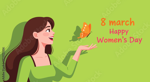 Happy International Women's Day Illustration with Smiling Woman and Butterfly. Celebrating March 8th, Femininity, and Spring.