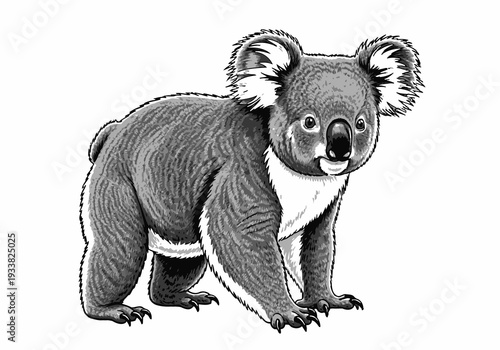 A grayscale illustration of a koala bear stands facing the viewer It has large fluffy ears a black nose and sharp claws