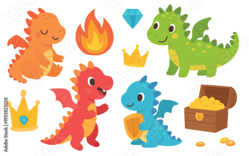 Cute cartoon dragon set with crown, treasure chest and fire flame, magical fantasy clipart for birthday themes and storybook projects