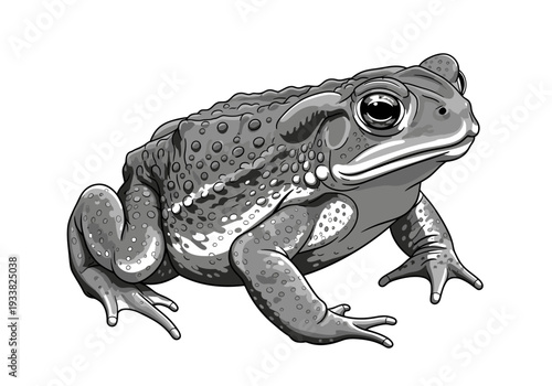 A grayscale illustration of a toad showing its bumpy skin and large eyes