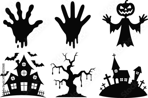 Black and white Halloween silhouette set with zombie hands, pumpkin character, haunted house, spooky tree and graveyard for horror vector illustration design
