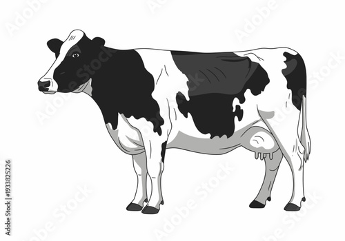 A Holstein cow stands on a white background It has a black and white coat and udders