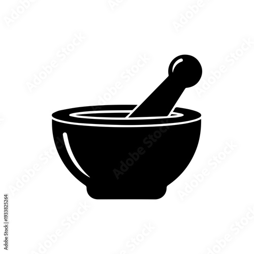 Mortar and pestle herbal grinder kitchen tool silhouette icon On white Background Vector illustration