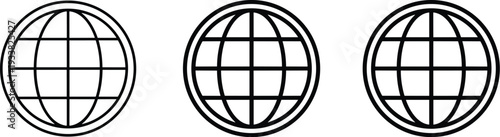 Stylized globe icon set featuring circular outlines with intersecting latitude and longitude lines in three variations of global perspective