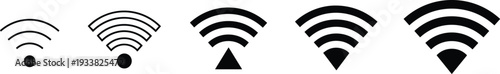 Wi-Fi signal strength icon set featuring progressive connectivity levels with curved wave lines and triangular bases in minimalistic design
