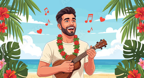 Joyful Man Playing Ukulele on Tropical Beach with Lei - Cartoon Illustration