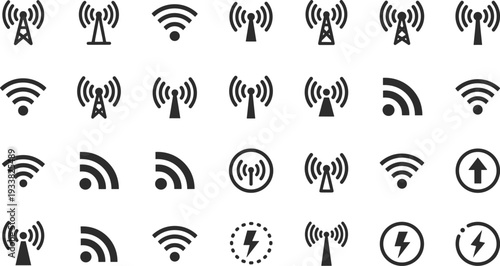 Wireless communication icon collection featuring Wi-Fi signals, radio towers, connectivity indicators, arrows, and lightning bolt symbols in black grid layout