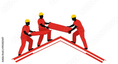 Construction workers installing roof tiles on a building.