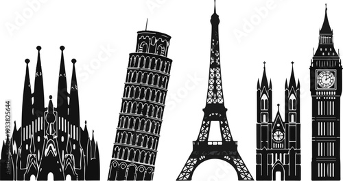 Famous Global Landmarks Silhouette Set - Iconic Architectural Wonders From Around the World, Perfect for Travel and Cultural Presentations