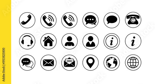 Collection of circular communication icons illustrating contact, location, and messaging.