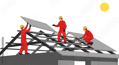 Construction Workers Installing Roof Tiles.