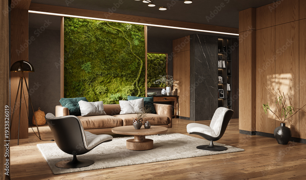 Fototapeta premium Vertical Green Wall in modern living room interior, 3d render