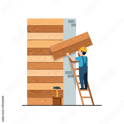 Carpenter Installing Wooden Siding on Wall. Flat Illustration of Construction Worker on Ladder, Home Renovation, and Building Process.