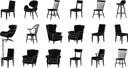 Modern chair silhouettes collection, black furniture icons set, various classic and contemporary seating isolated on white background design