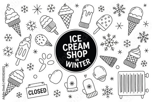 Ice cream shop in winter with closed sign and warm radiator