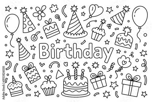 Birthday celebration illustration with party hats and cakes